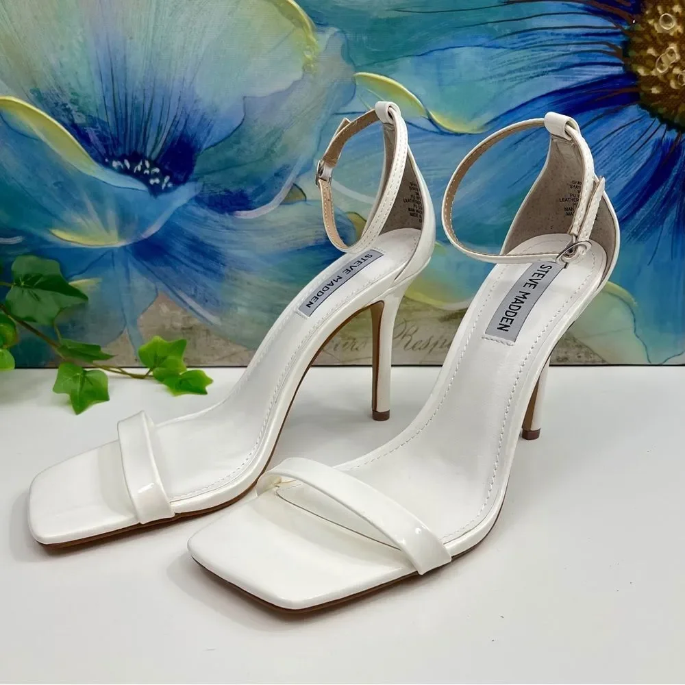 New Steve Madden Shaye Vegan Leather Ankle Strap Stiletto Heel Sandals in White